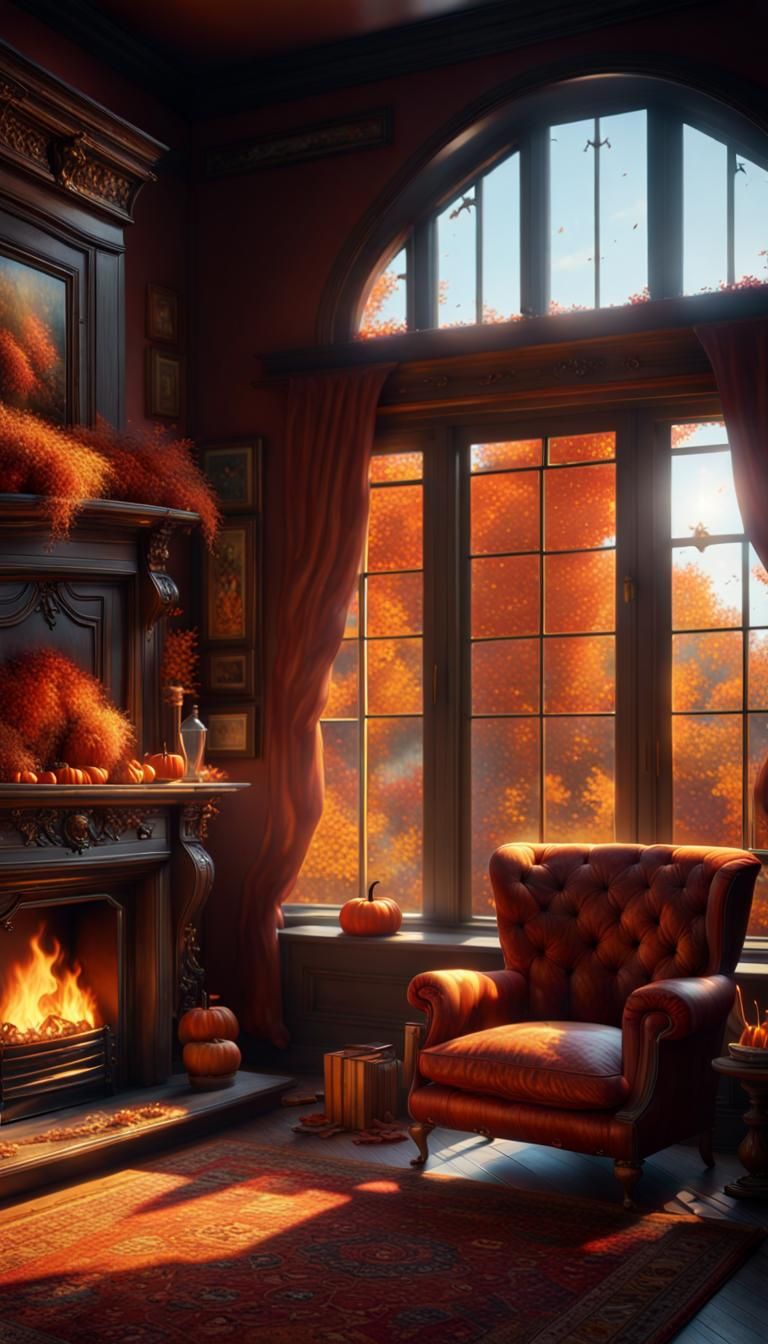 Cozy Autumn Living Room with Fireplace: Digital Painting