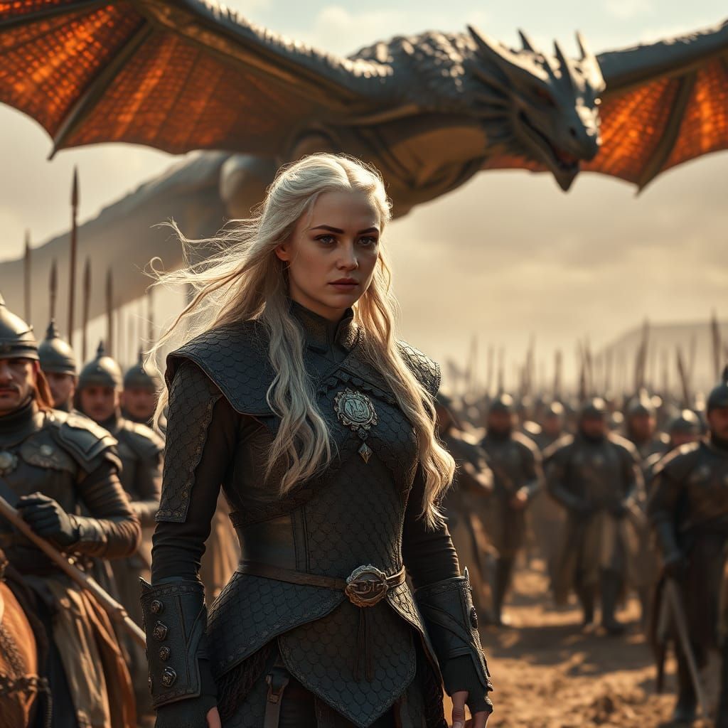 Daenerys Targaryen with Dothraki and Dragon