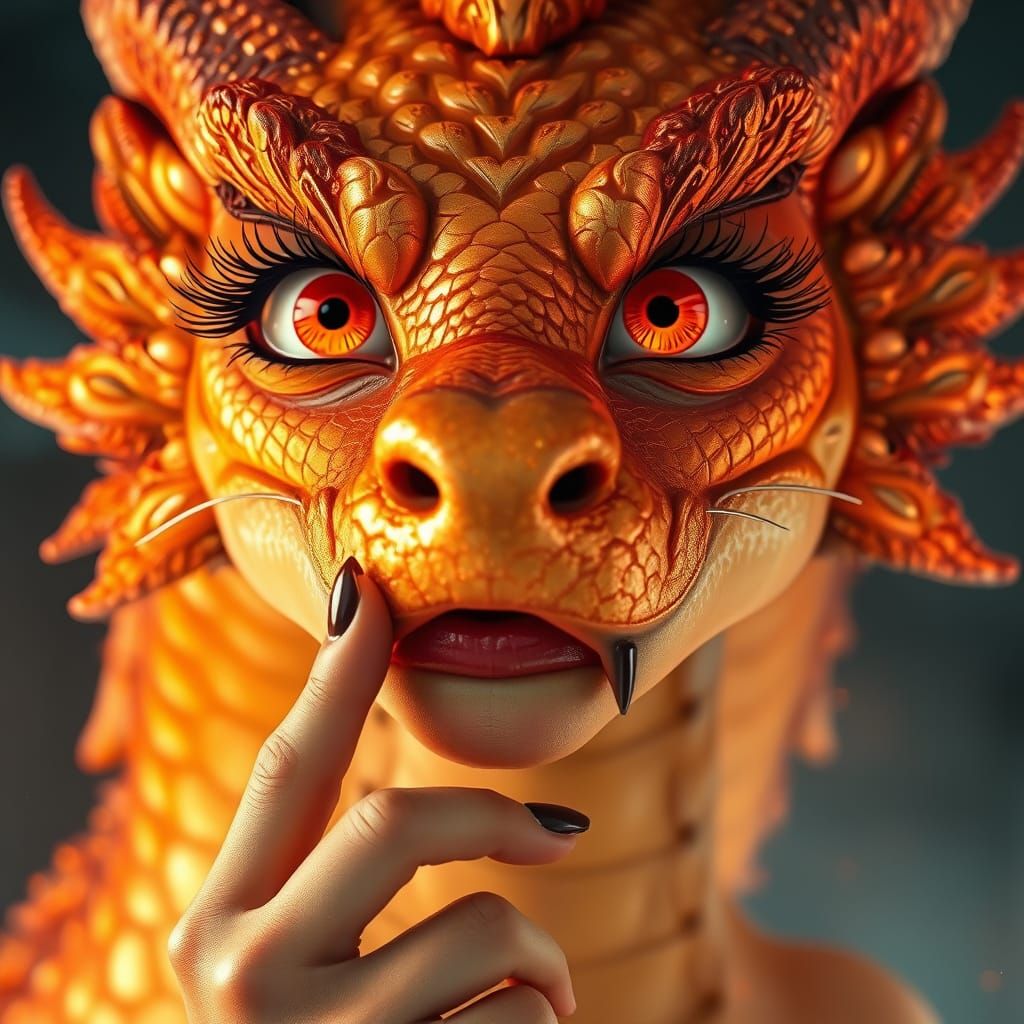 Golden Dragon Girl with Fiery Scales as Digital Art