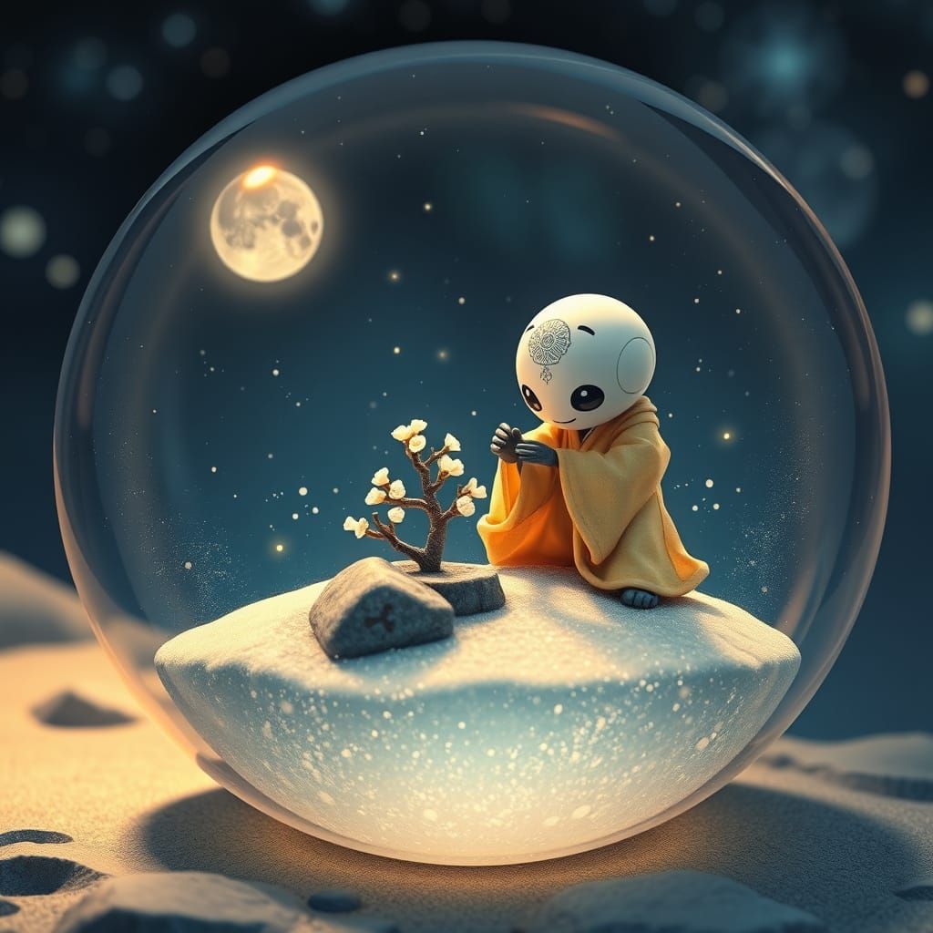 Golem Arranging Zen Garden on Moon, Animated Style