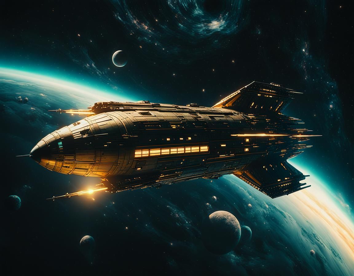 Sleek Spaceship Illuminates Galaxy in Cinematic Film Still