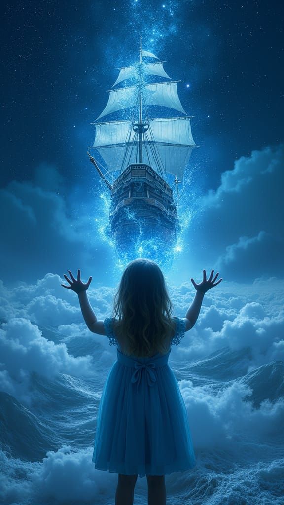 Whimsical Girl Conjures Majestic Water Galleon in the Cosmos