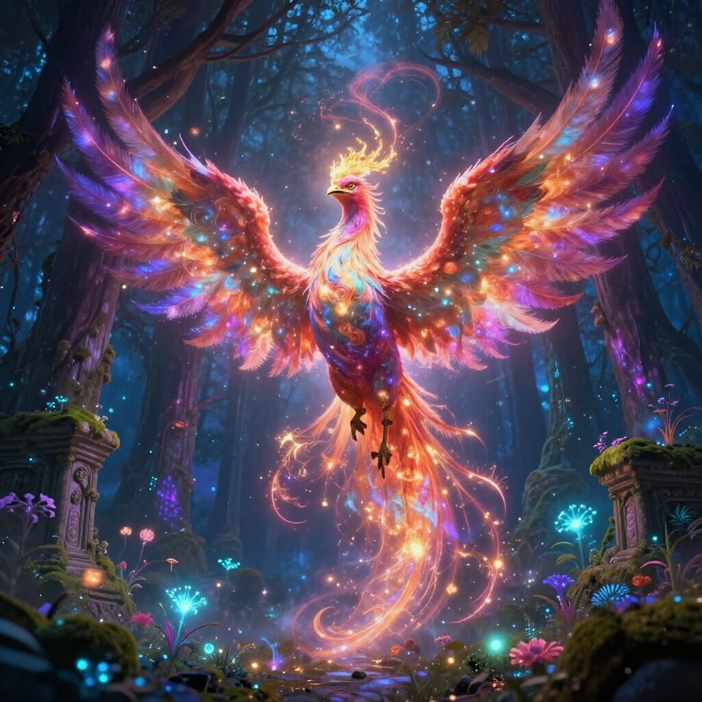 Phoenix Reborn from Ashes in Bioluminescent Forest