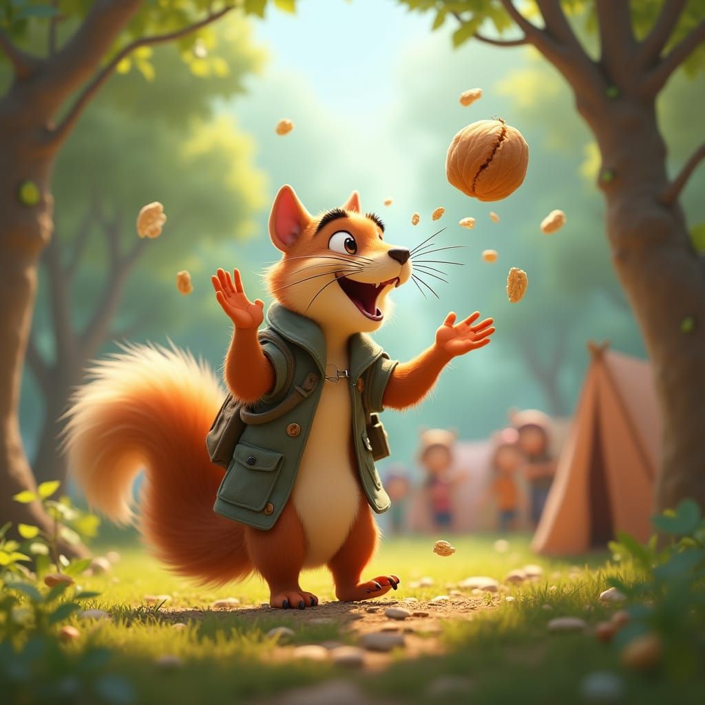 Squirrel Antics: A Pixar-esque Forest Scene