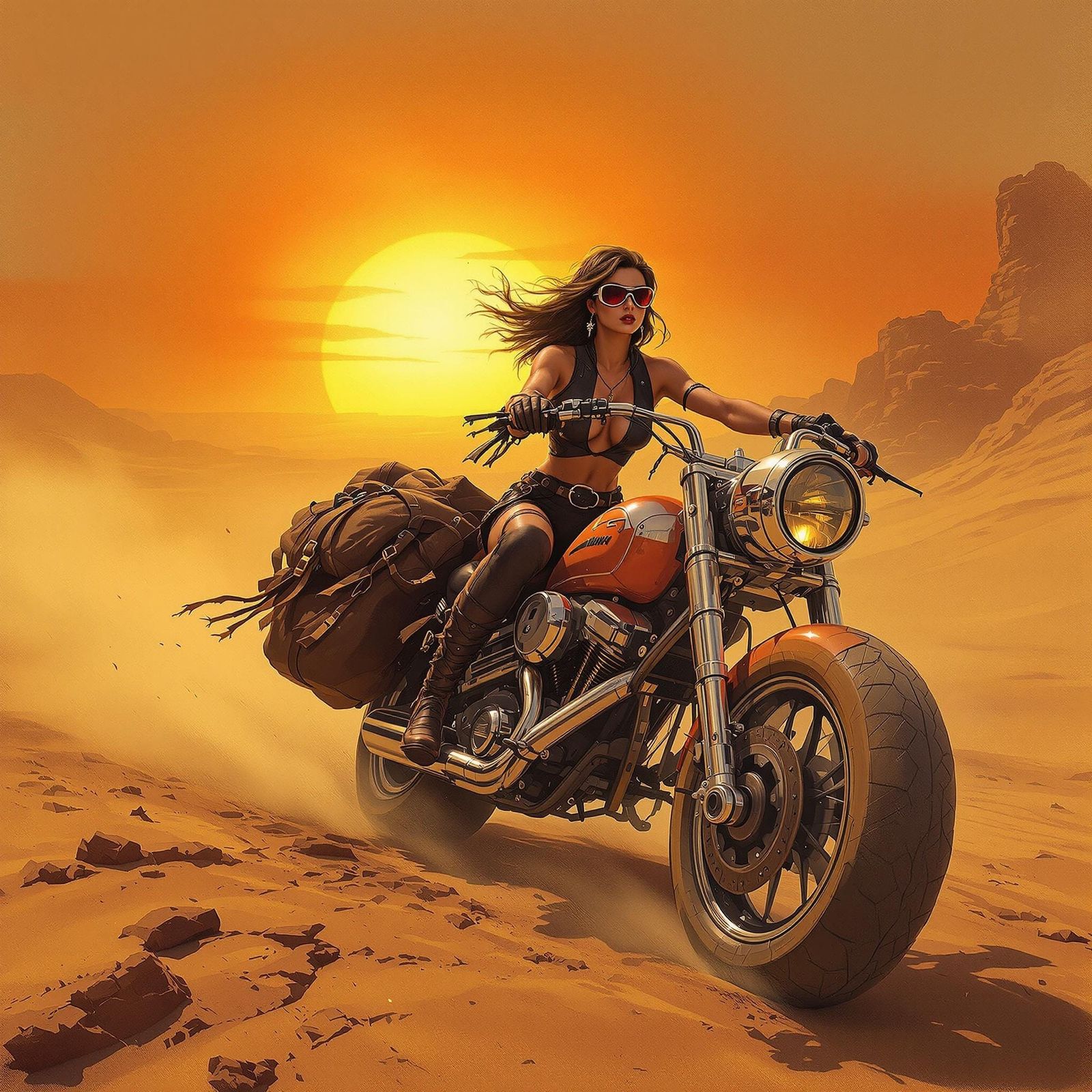 Rebellious Outlaw Rides Futuristic Motorcycle into Sunset