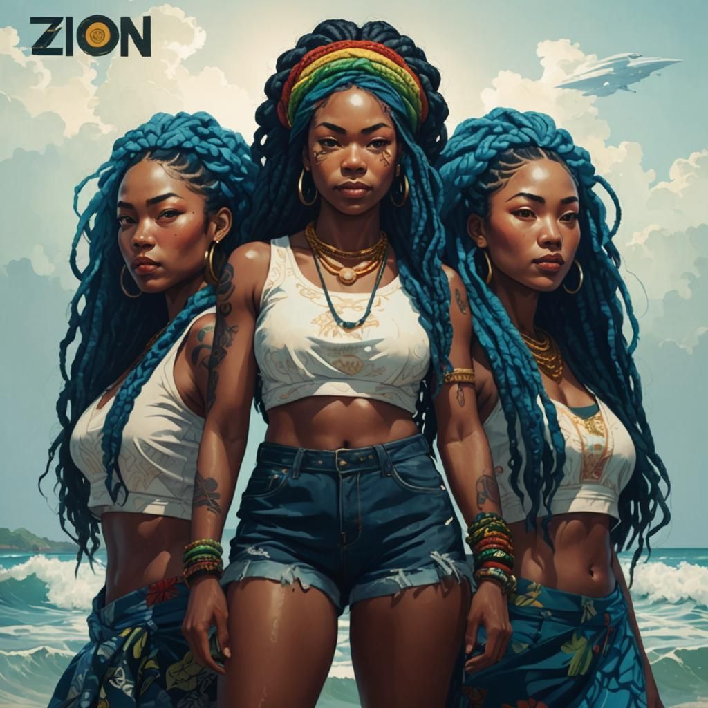 Rastawomen on Caribbean Beach in Ukiyo-e Style