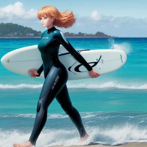 Giant Anime Surfer Woman on Beach