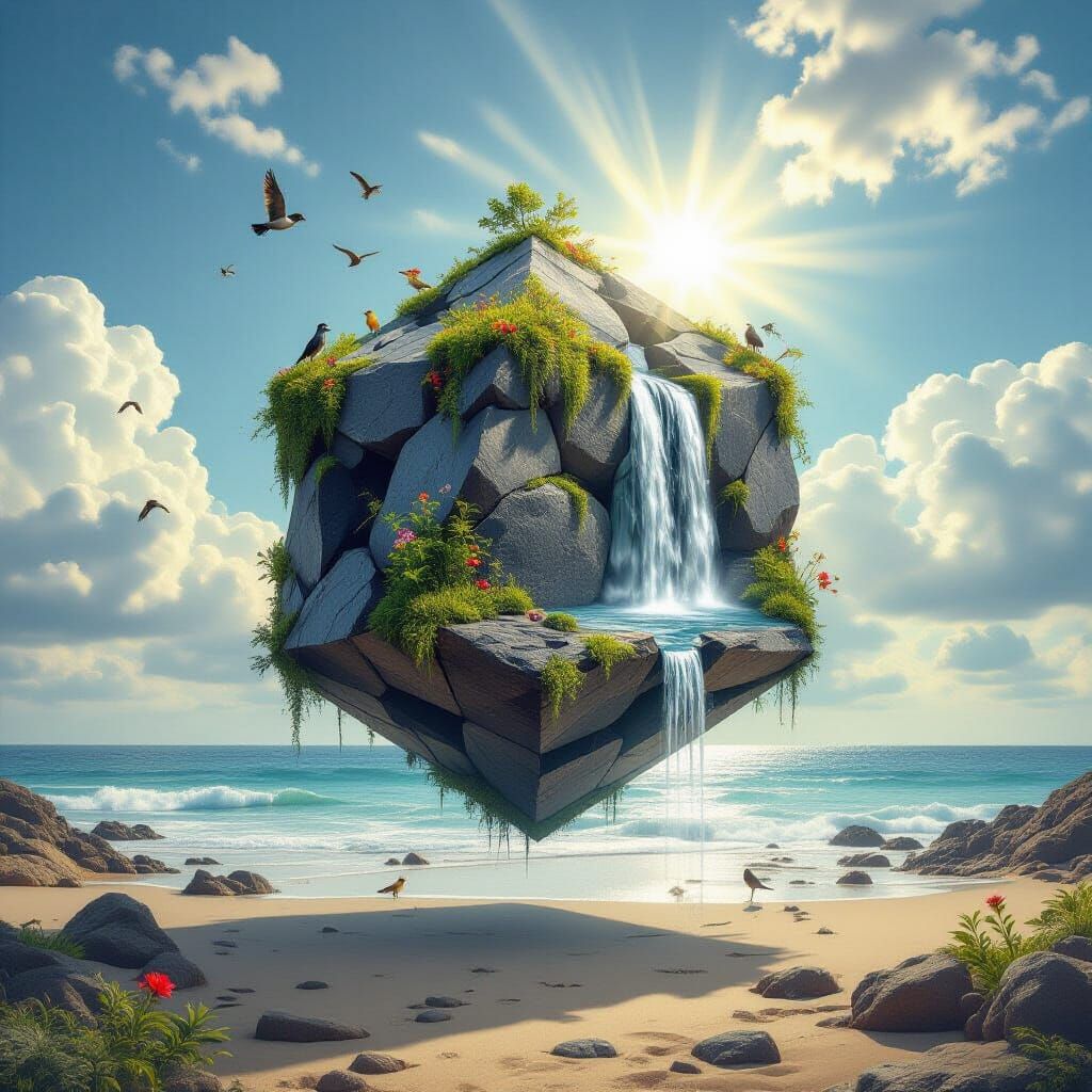 Floating Dodecahedron with Waterfall in Charcoal Style