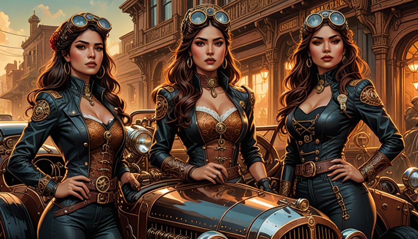 Steampunk Women with Auto-Racing Car in Comic Book Style