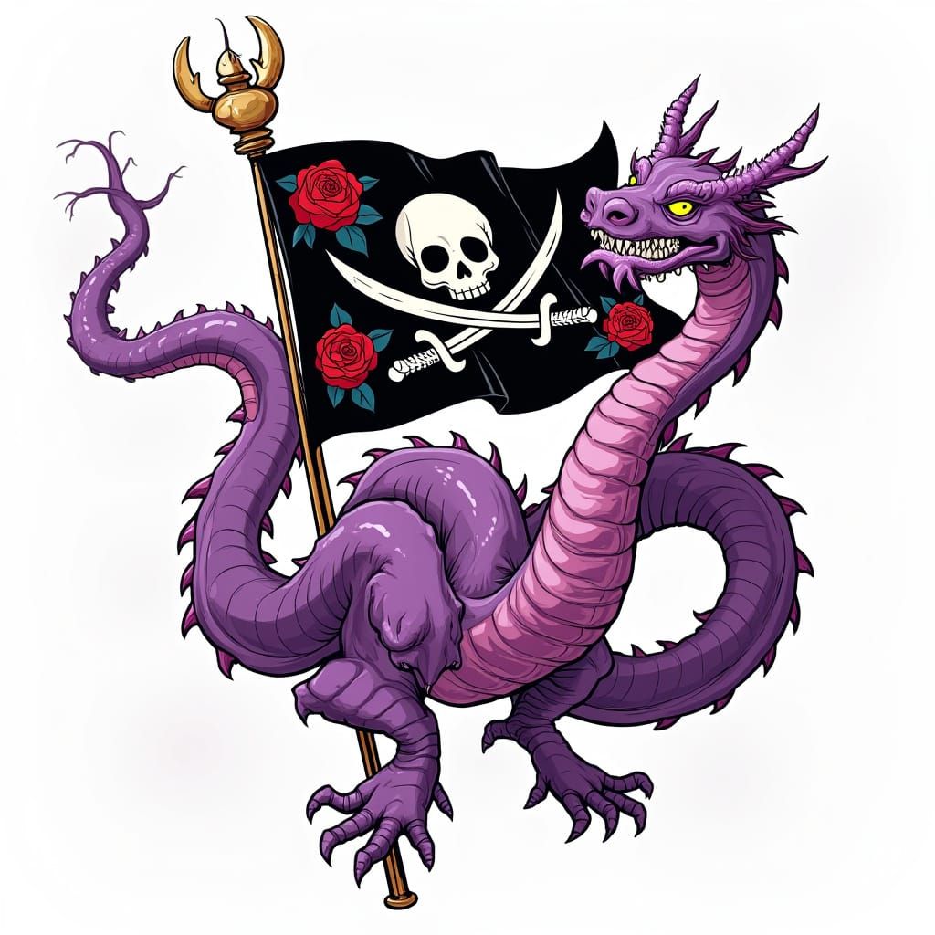 Pirate-Themed Cartoon with Roses, Katanas, and a Purple Hydr...
