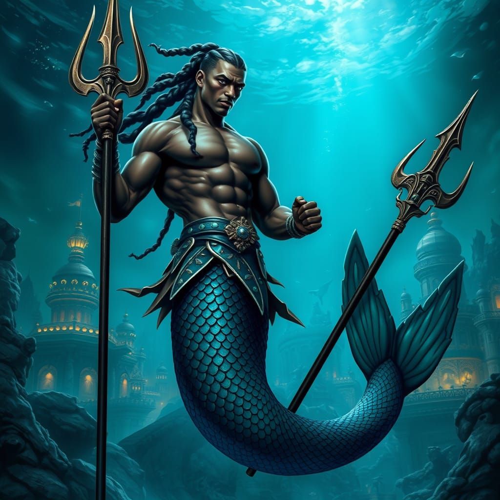 Poseidon Merman in Atlantis: A Mystical Underwater Scene