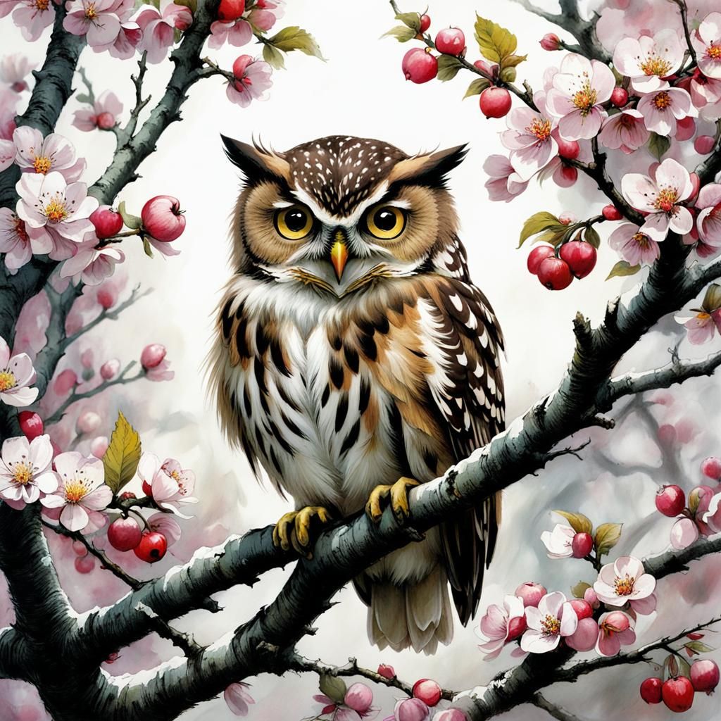 Owl in Apple Tree, Illustrative Art Style