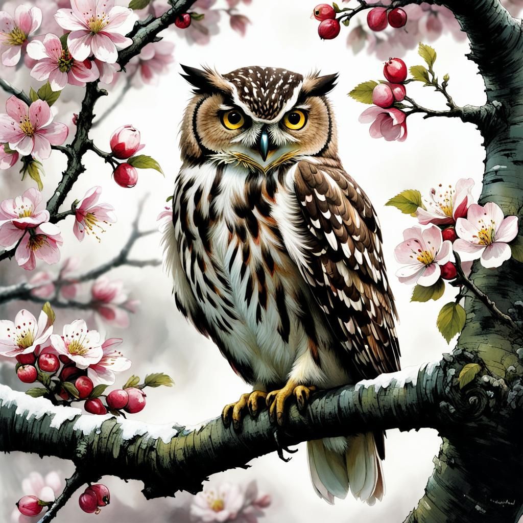 Whimsical Owl in Vibrant Blossom