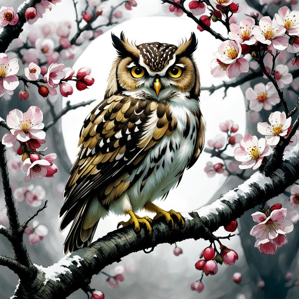 Whimsical Apple Tree Scene with Perched Little Owl