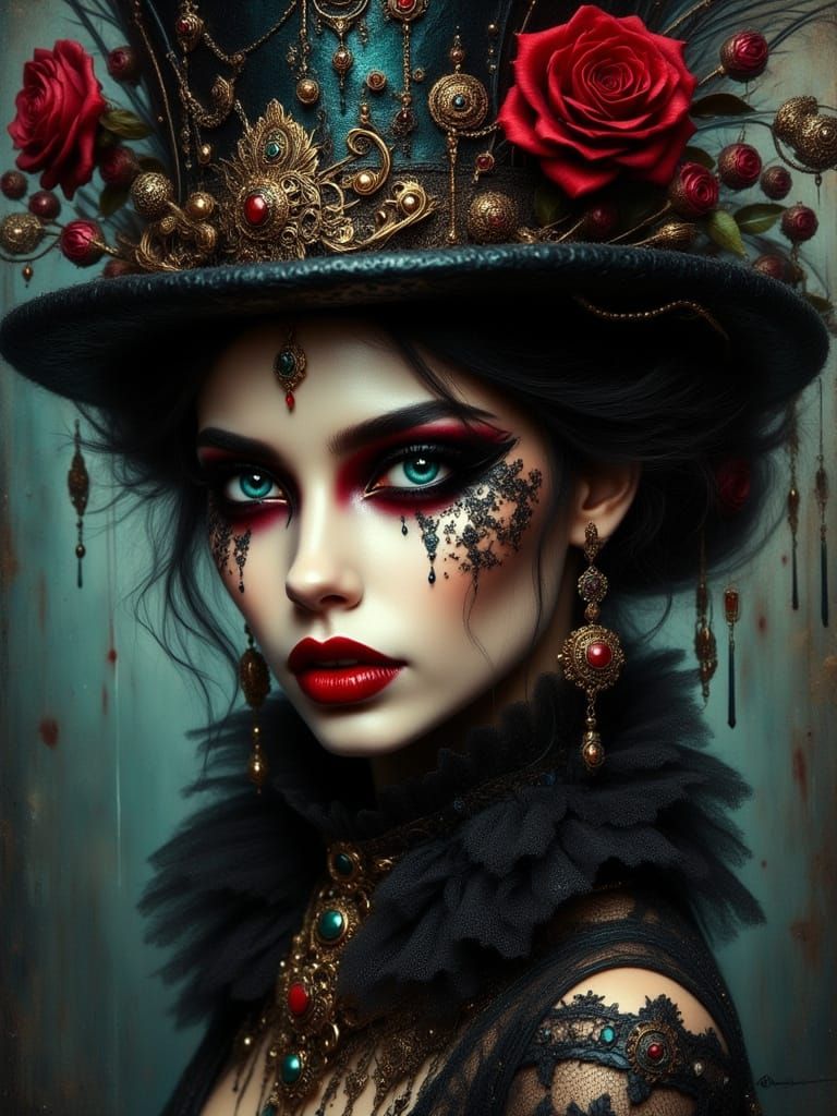 Steampunk Woman with Turquoise Eyes in Ornate Top Hat
