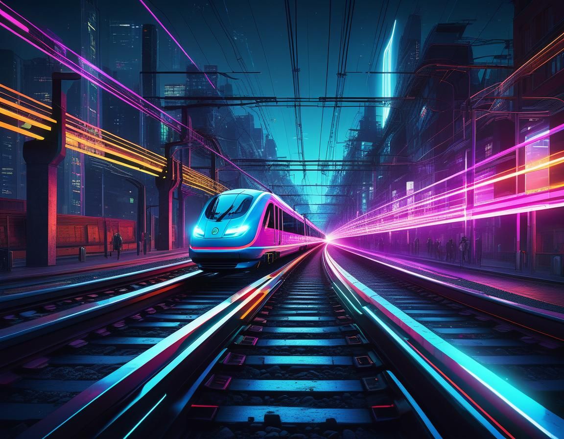 Futuristic Train Zooms on Neon Railtracks