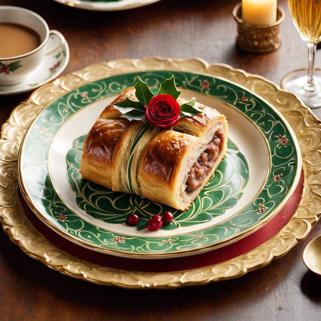 Golden Christmas Sausage Roll on Antique Holiday Plate