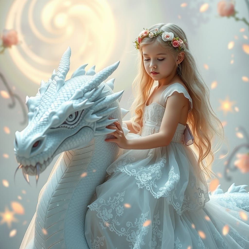 Girl with White Dragon in Ethereal Realm