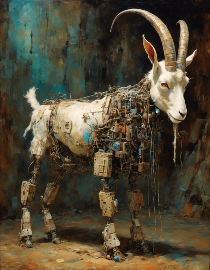 Humanoid Robotic Goat in Fine Sci-Fi Oil Painting