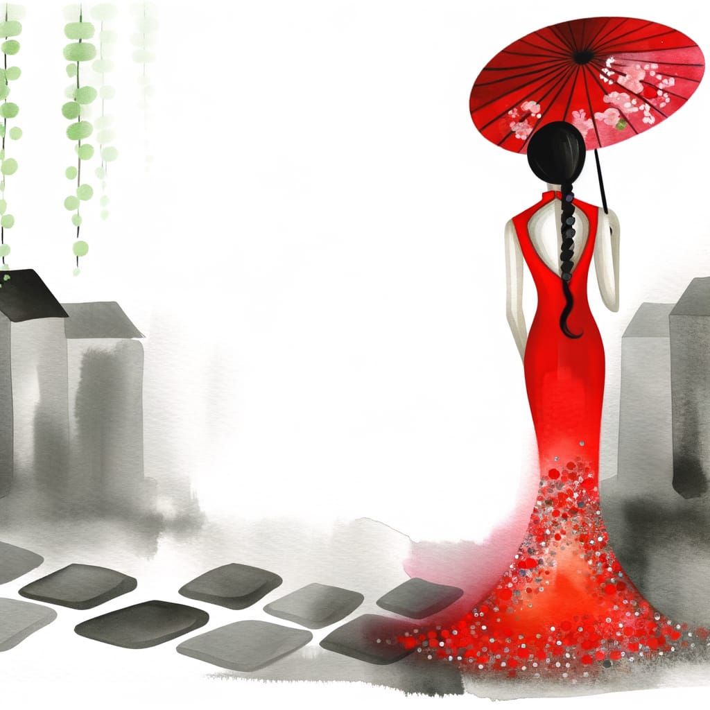 Elegant Illustration of Woman in Red Cheongsam