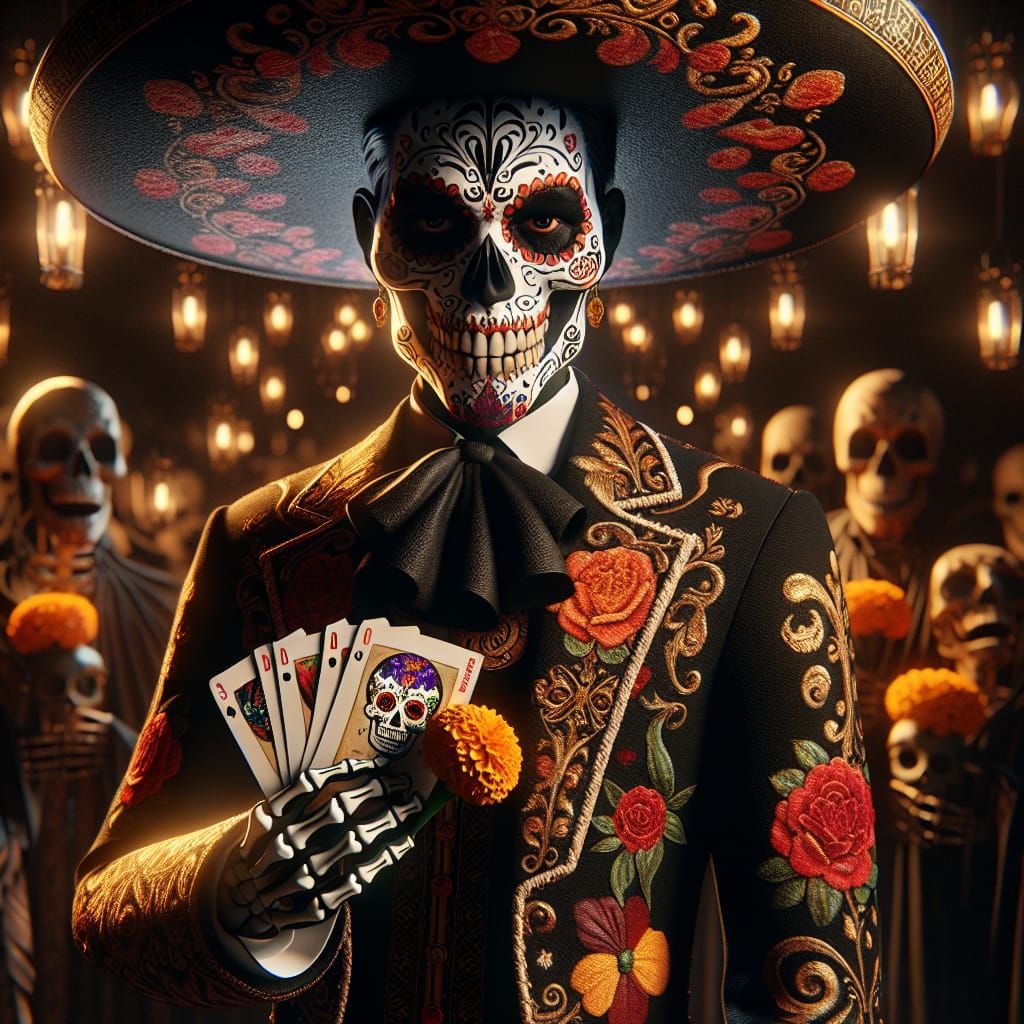 Mexican Joker in Traditional Charro Suit with Sugar Skull Ma...