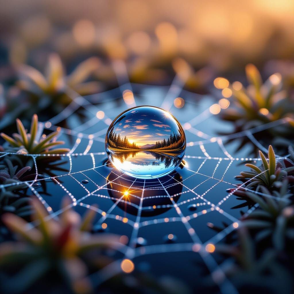 Hyperrealistic Dewdrop Reflecting Miniature Landscape