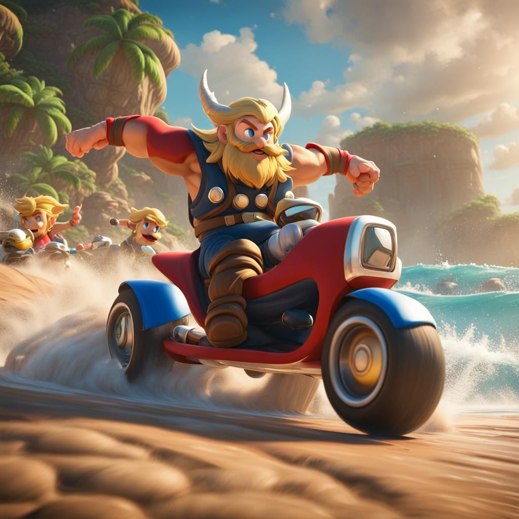 Thor Races in Mario Kart on Cheep Cheep Beach