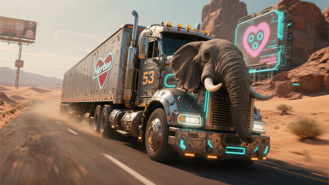 Futuristic Armored Elephant Truck Races in Desert