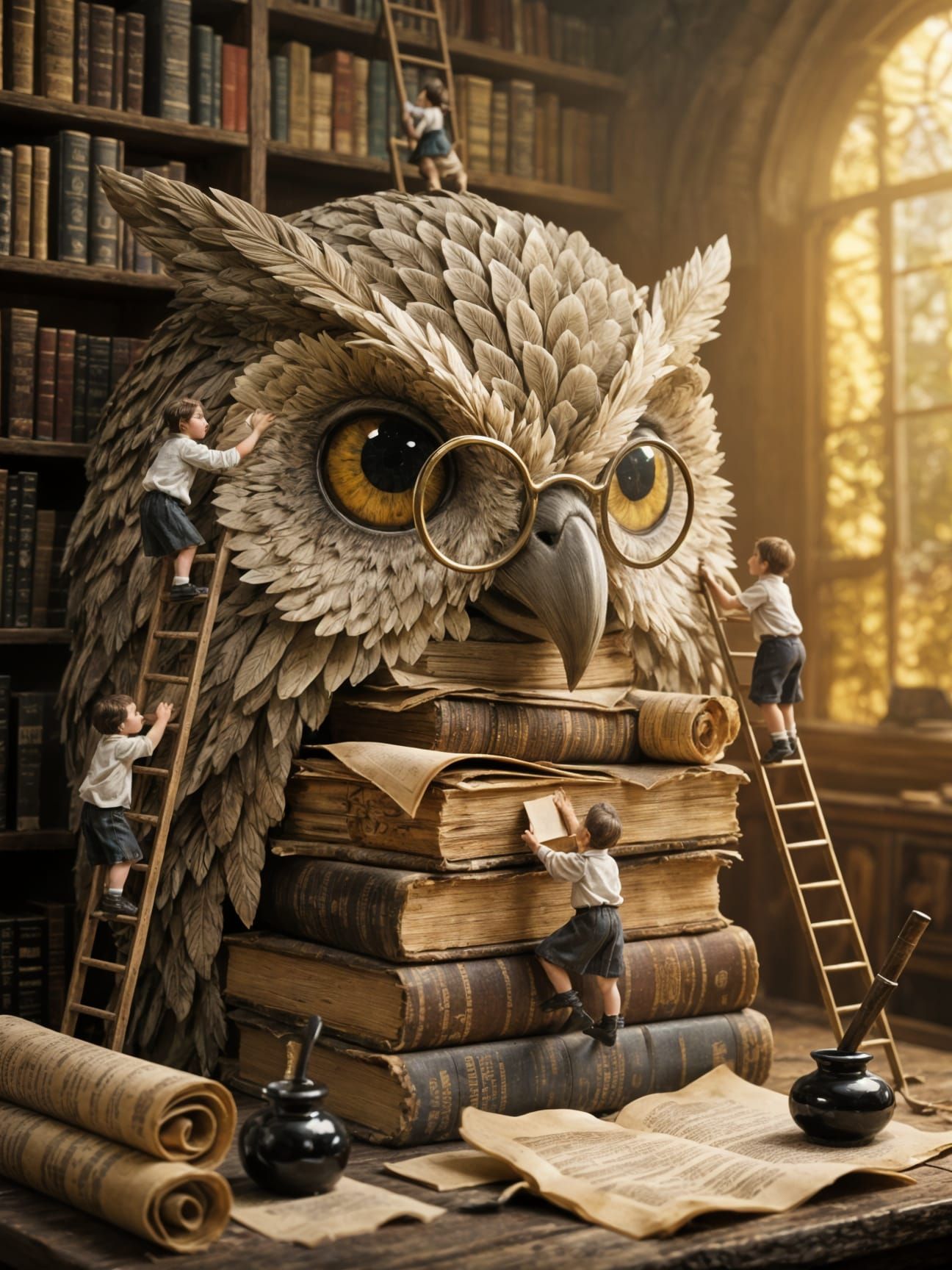 Wise Owl Sculpture Made of Ancient Books and Scrolls
