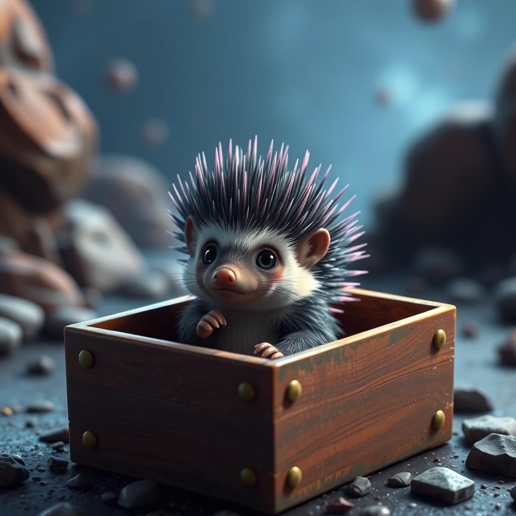 Baby Porcupine in Shoebox: Pixar-Style 3D Render