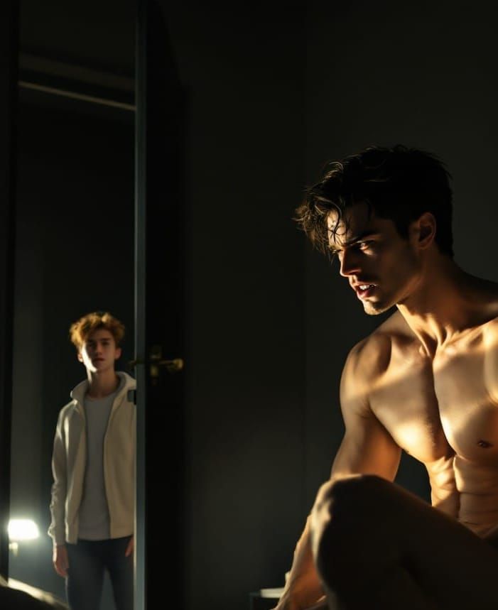 A 23-year-old muscular young man with chiseled features and dark hair, rendered in a semi-realistic digital painting sty...