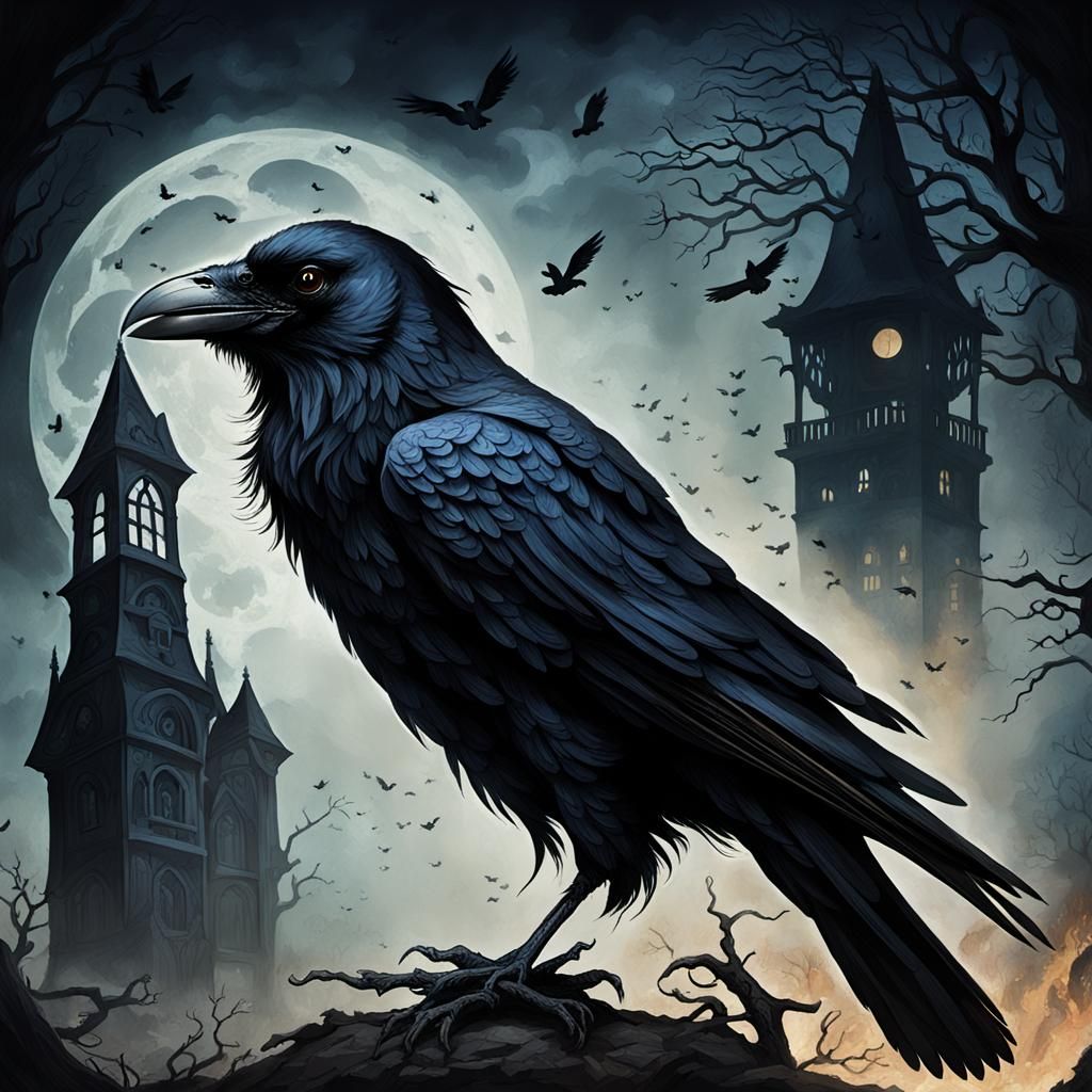 Eerie Raven in Gothic Setting Inspired by Poe