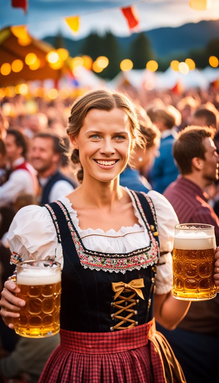 Oktoberfest Celebration: Woman with Beer Mug, Bokeh Photogra...