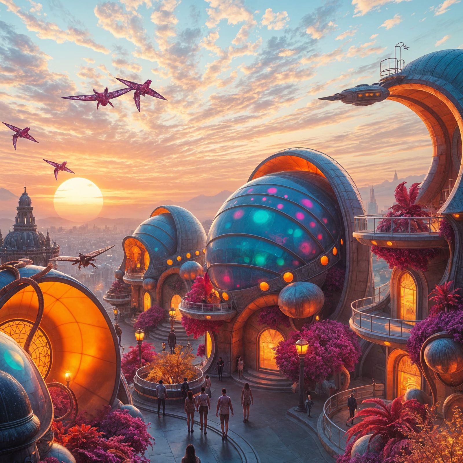 Futuristic Alien Cityscape with Bioluminescent Plants