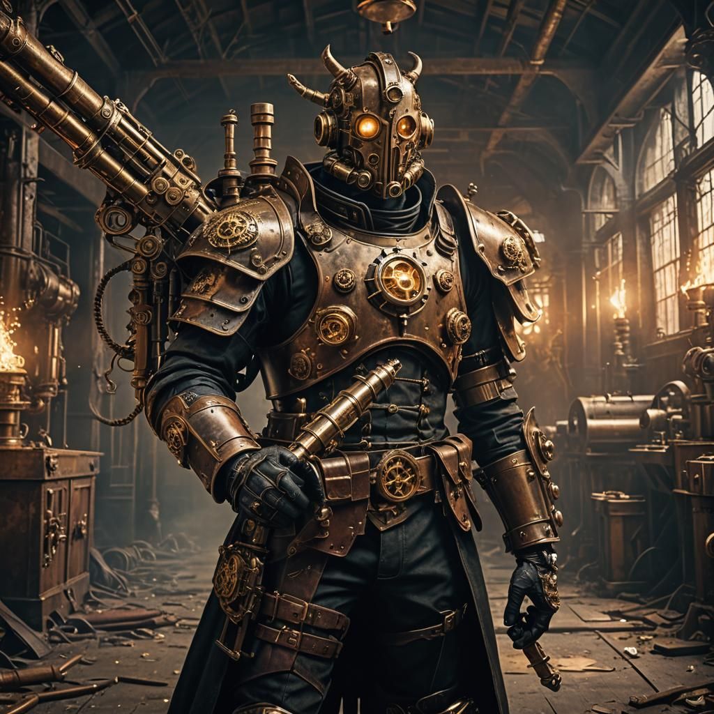 Gothic Steampunk Warrior in Abandoned Armory