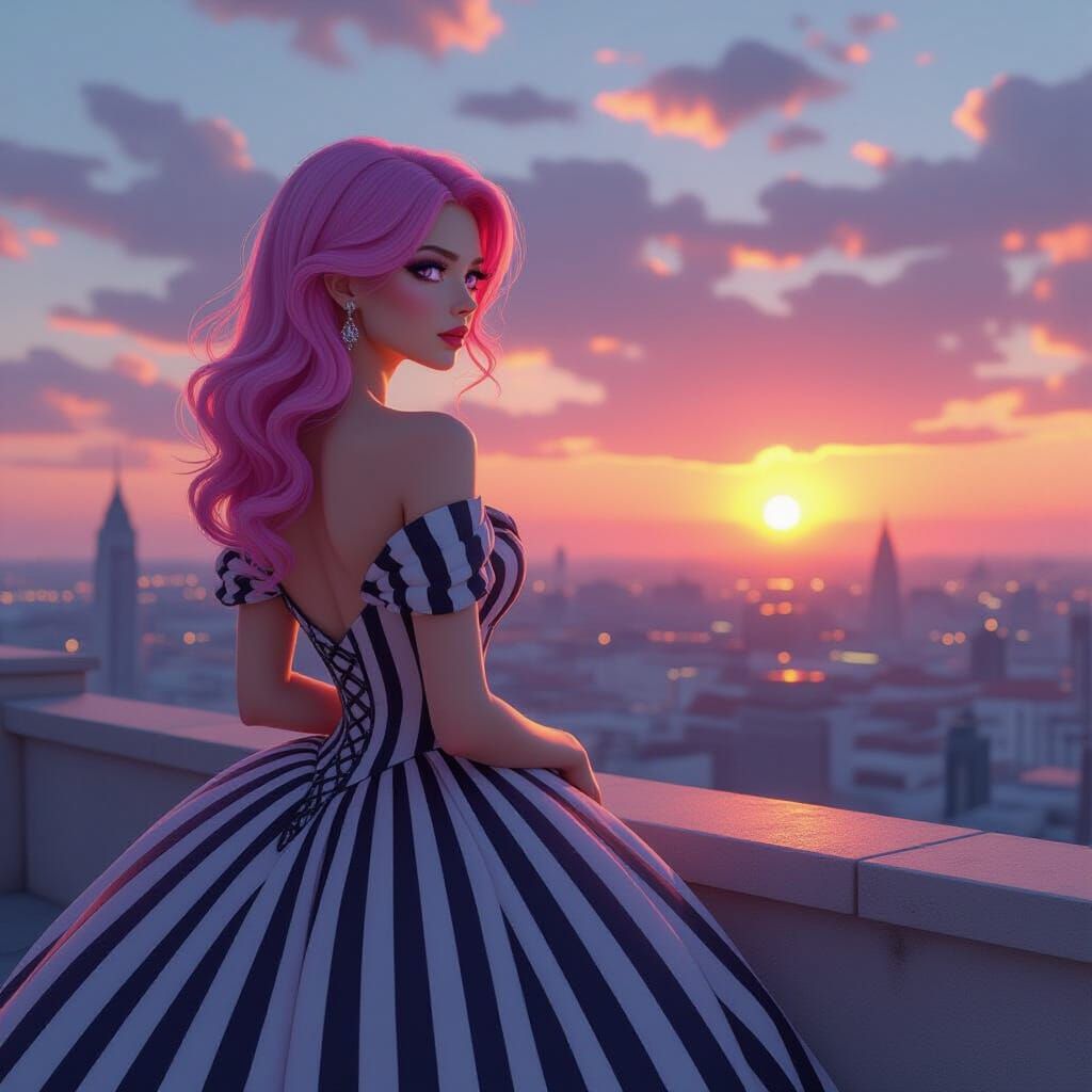 Pink Haired Woman in Ball Gown Watches Sunset
