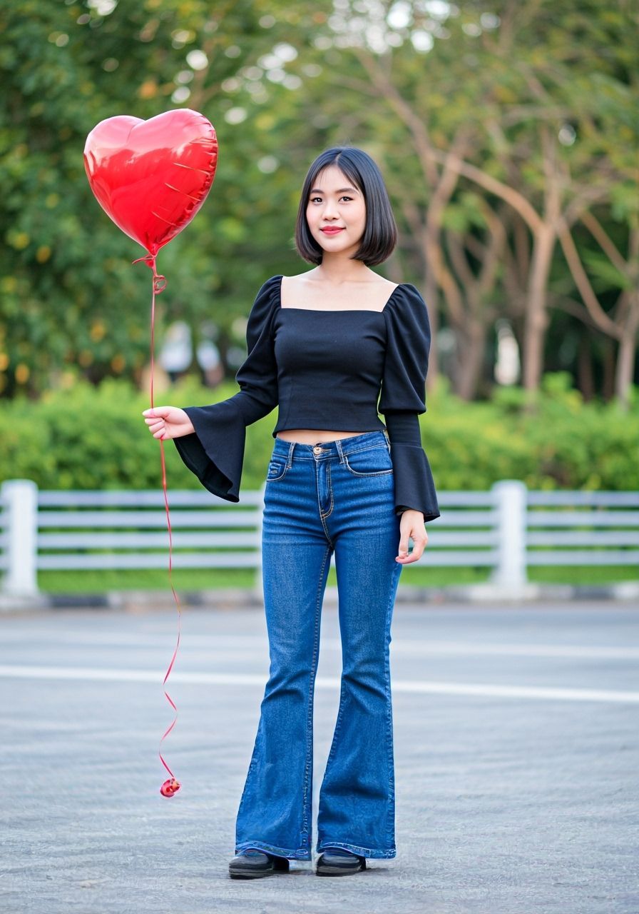 Thai Woman Holding Red Heart Balloon