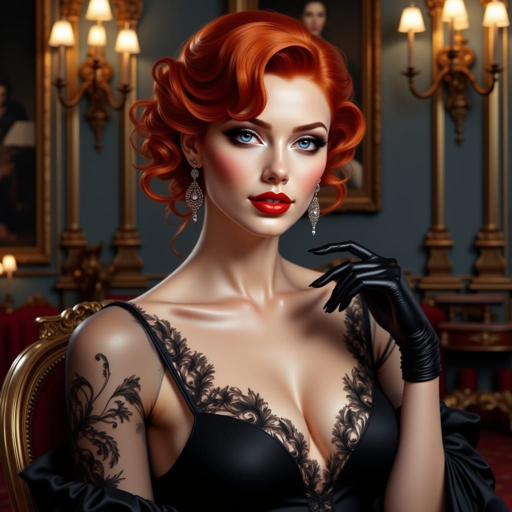 Elegant Redhead in Black Lace Gown