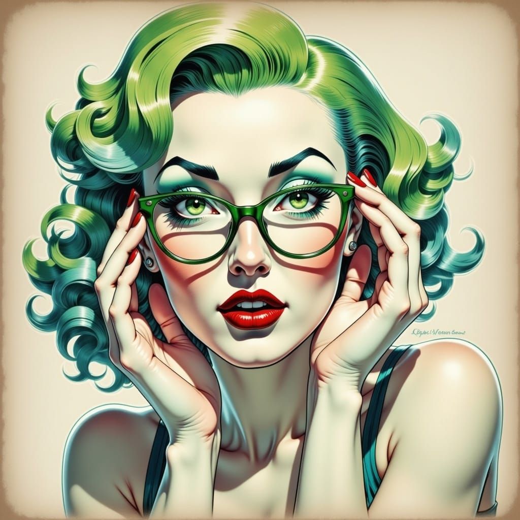 Thoughtful Person Adjusting Glasses in Retro Style
