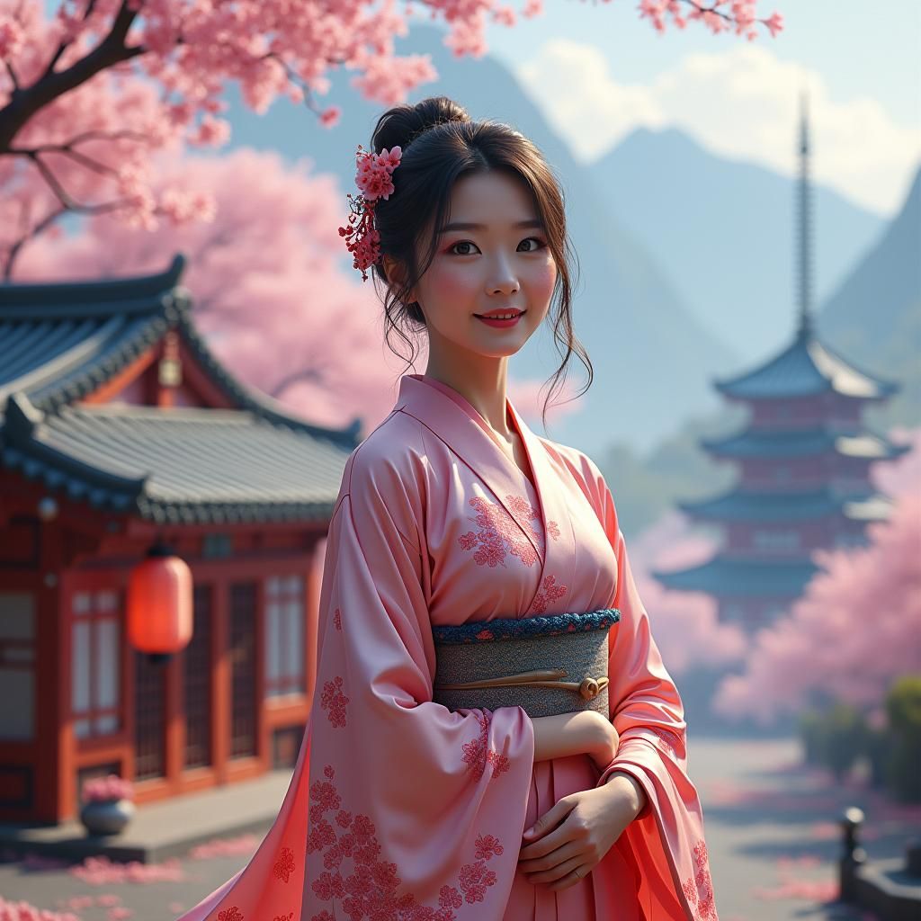 Japanese Woman in Kimono Dress, Fantasy Matte Painting