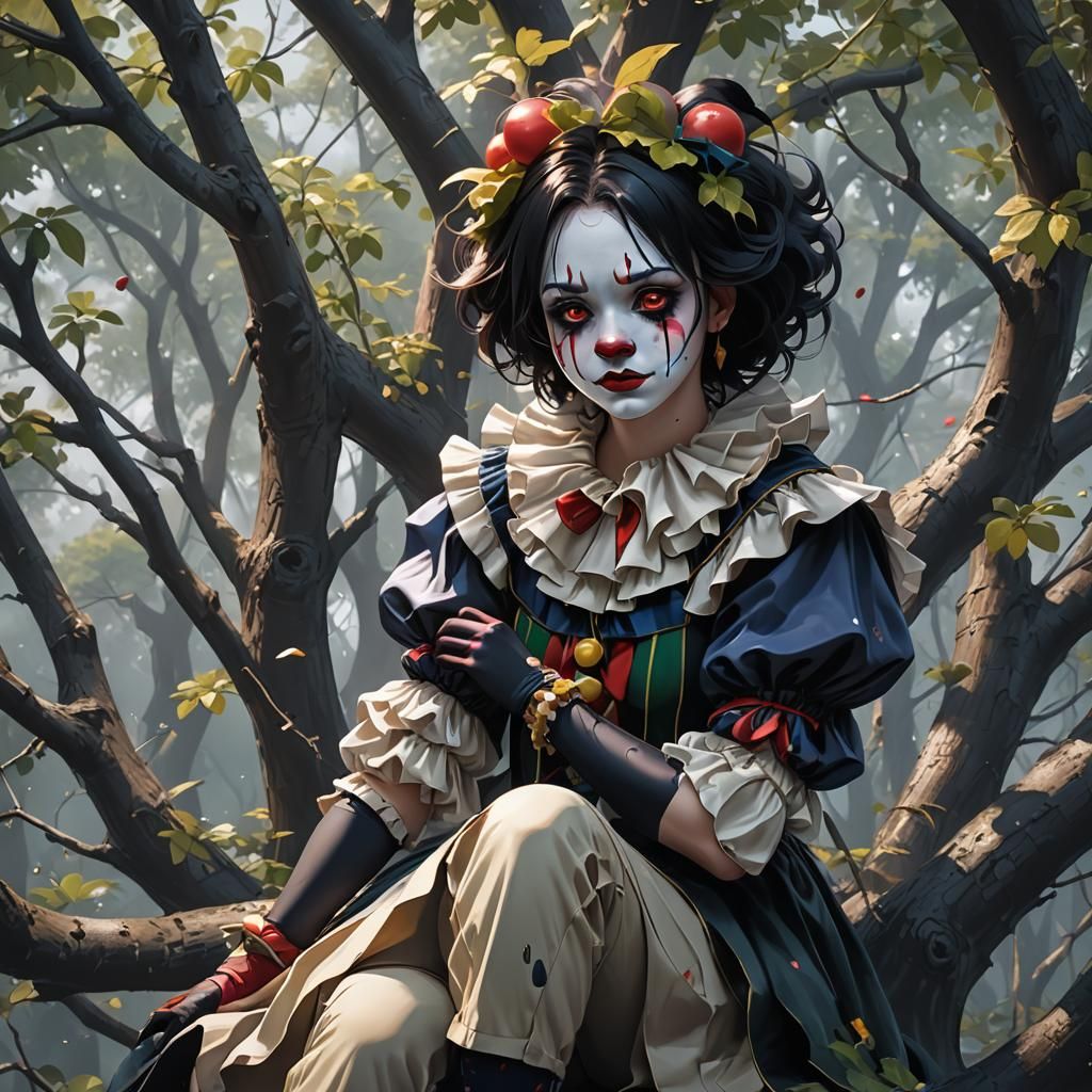 Sad Clown Lady in Tree: 3D Anime Art