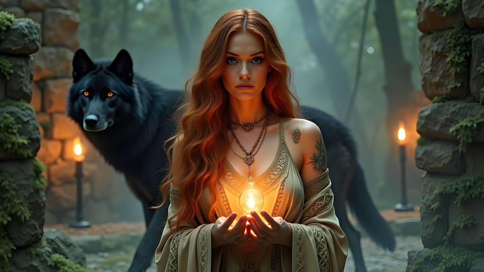 A Norse Sorceress Illuminated by Golden Light and Ancient Ma...