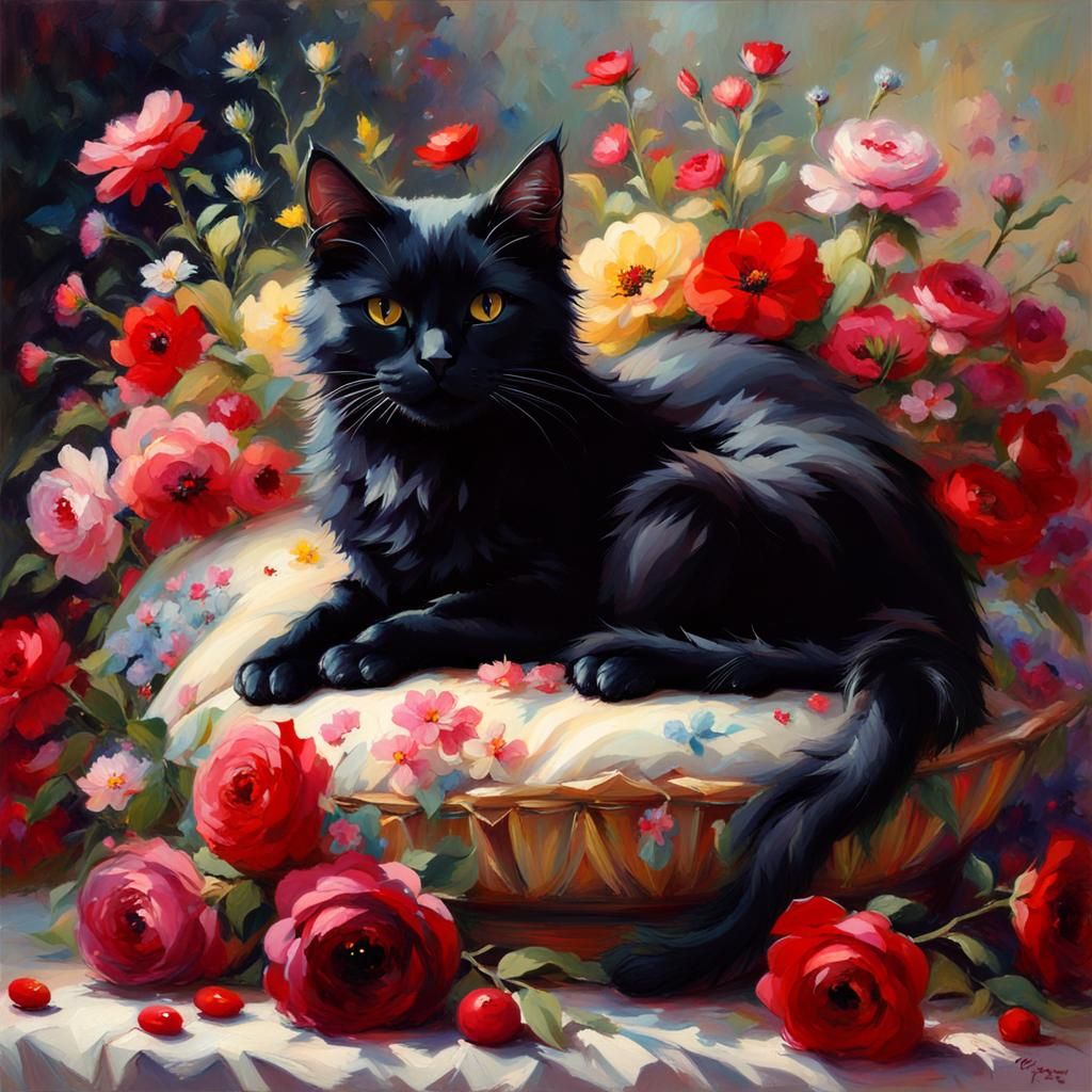 Cute Black Cat Surrounded by Flowers, in Daeni Style
