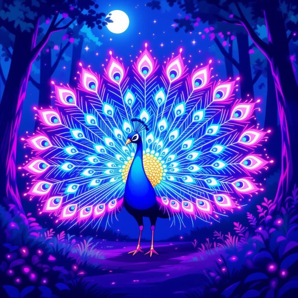 Neon Peacock Spreads Glowing Feathers in Enchanted Forest