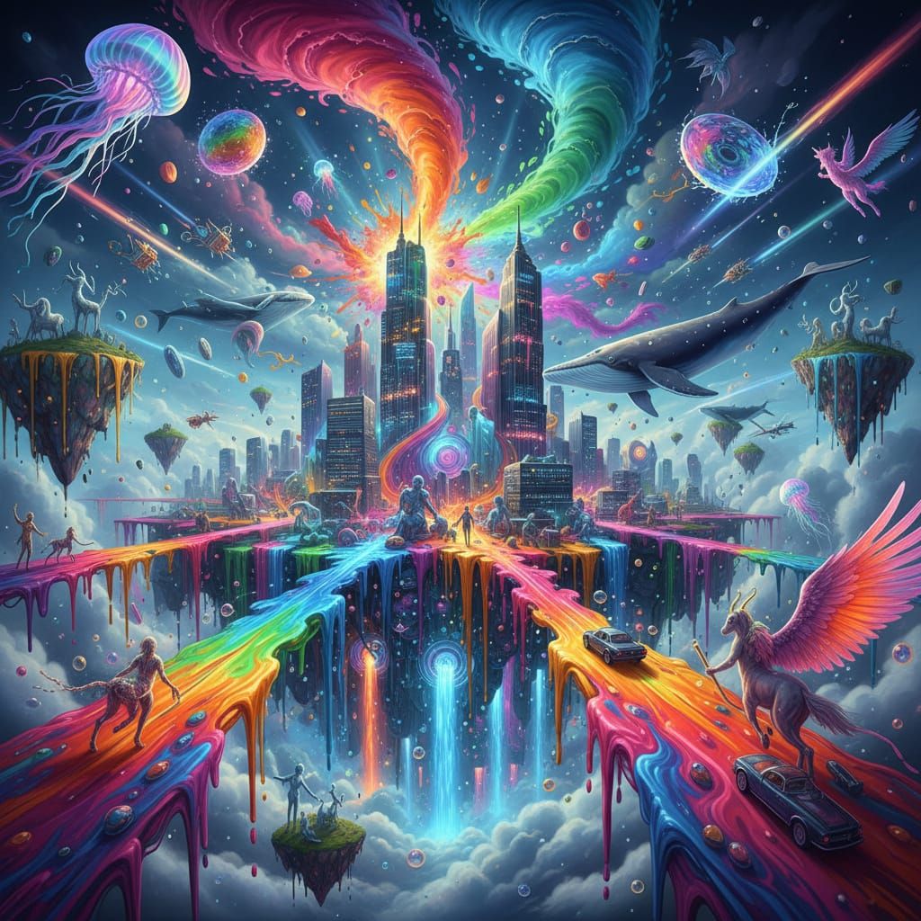 Liquid Metropolis: Surreal Floating City of Neon Rivers