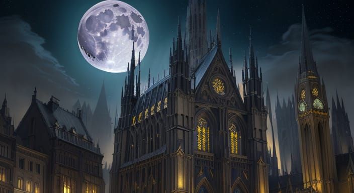 Futuristic Gothic City Square Under Celestial Light