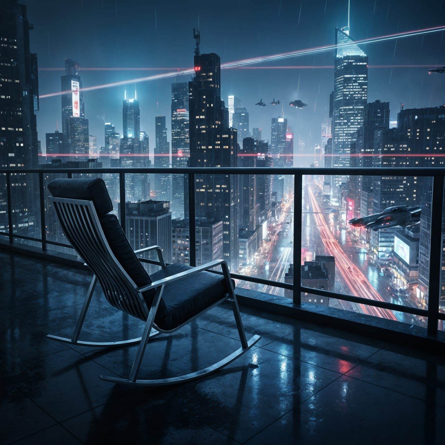 Cyberpunk Metropolis View from Modern Balcony