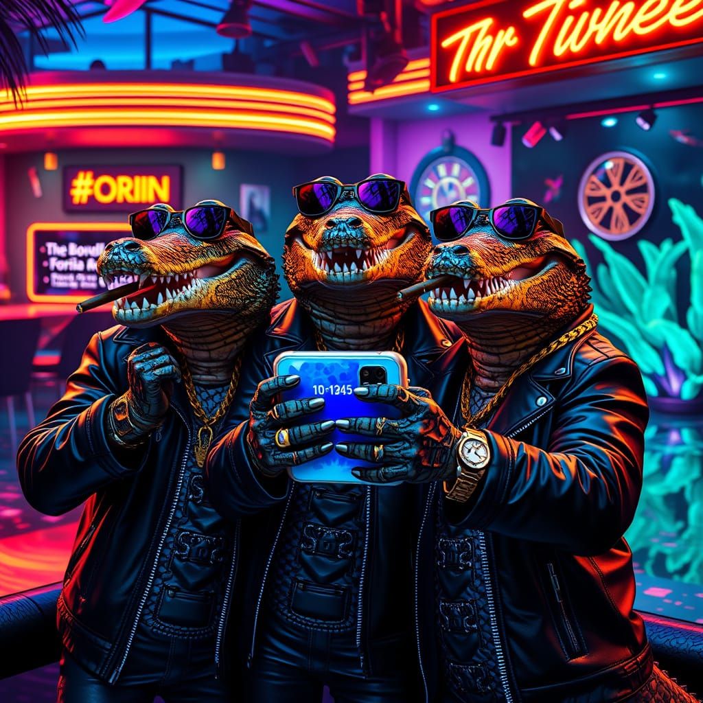 Crocodile Selfie in Cyberpunk Bar with Neon Lights