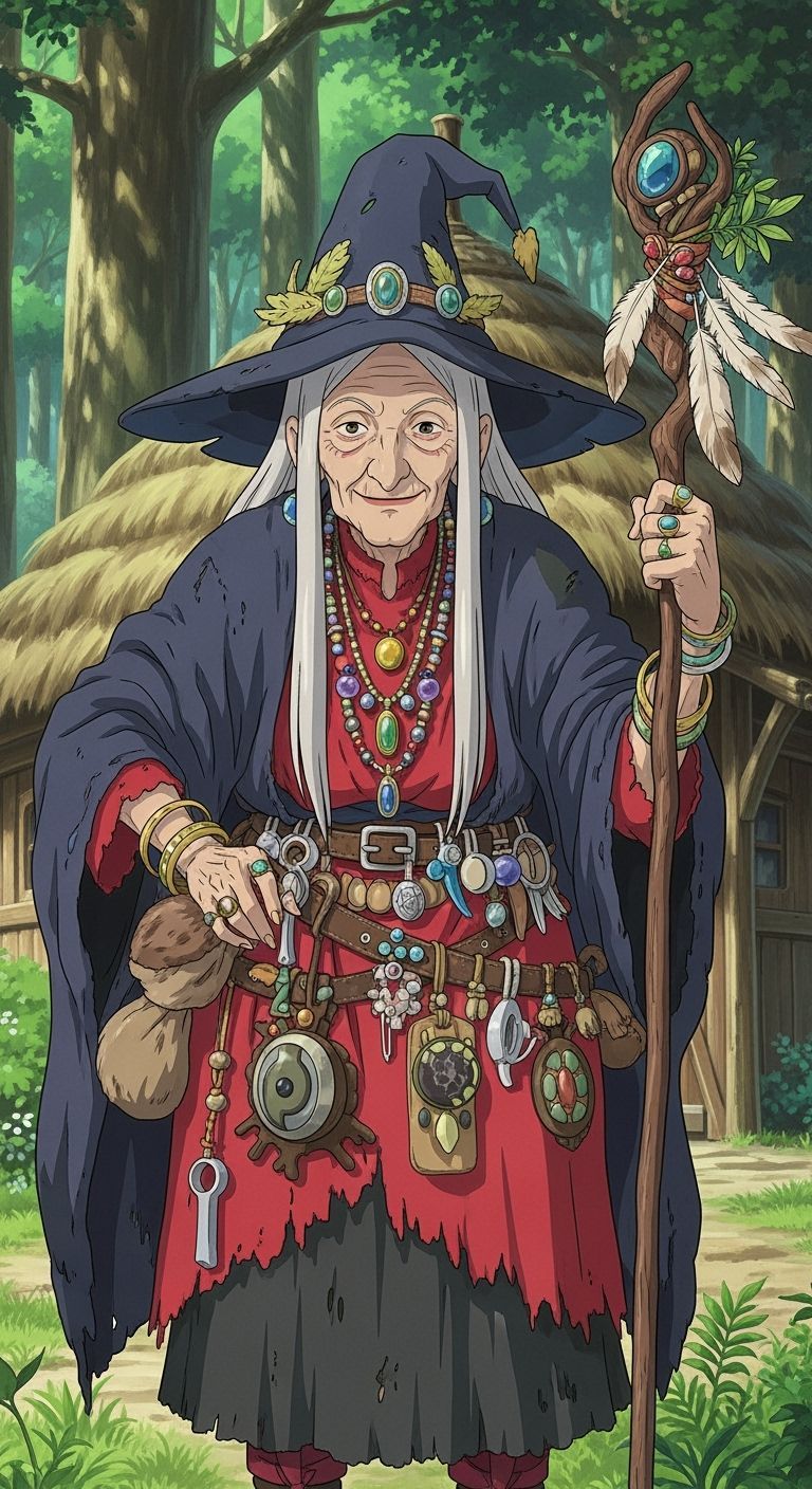 Whimsical Witch with Flowing Hair in Forest Setting