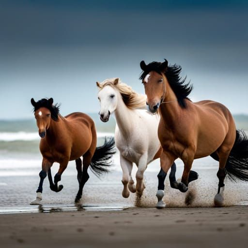Wild Ponies Running Freely on the Beach